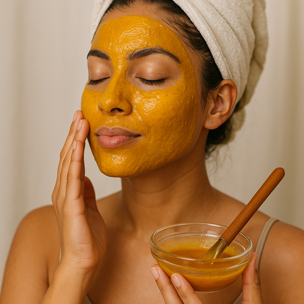 Woman applying turmeric honey mask on face for glow