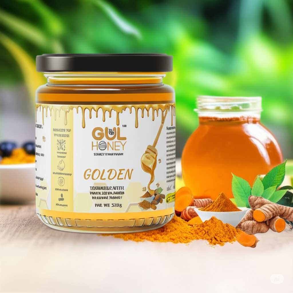 Gul Honey Golden Honey jar with turmeric and forest honey in background