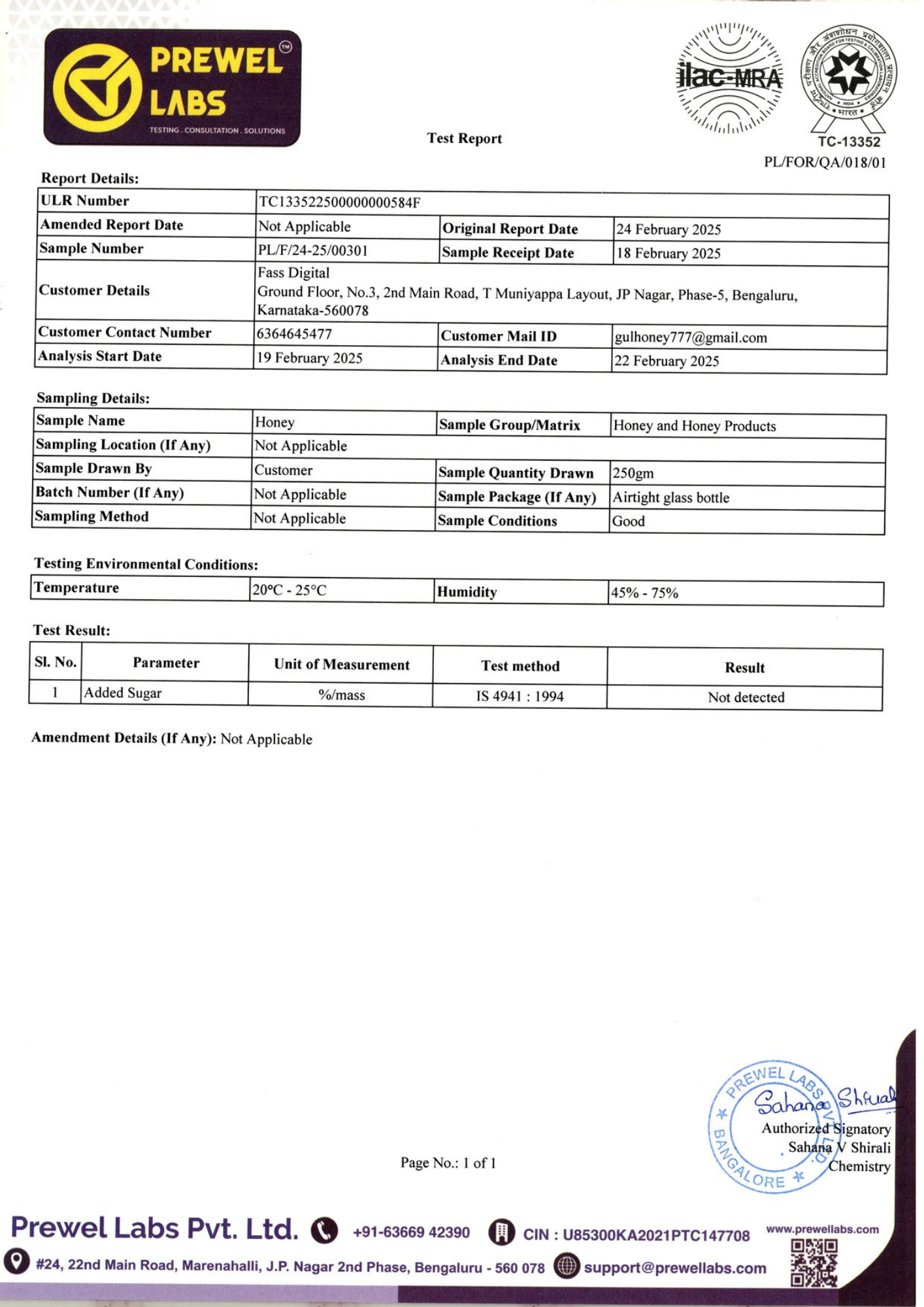 Lab Report of Gul Honey